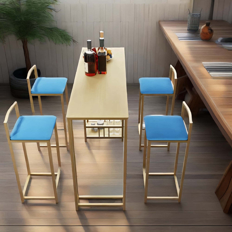 Bar table and chair five piece set, gold frame, multi-layer tabletop, chair cushion and backrest made of sponge, table with storage function (gold)