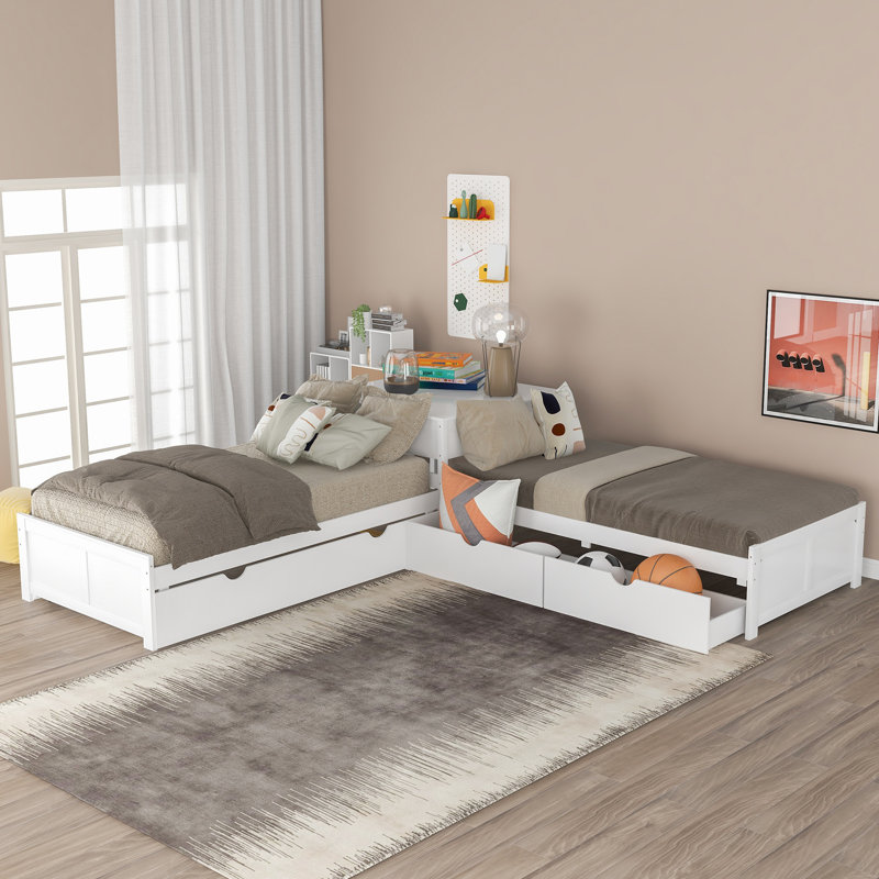 L-shaped Platform Bed with Trundle and Drawers Linked with built-in Desk,Twin, White
