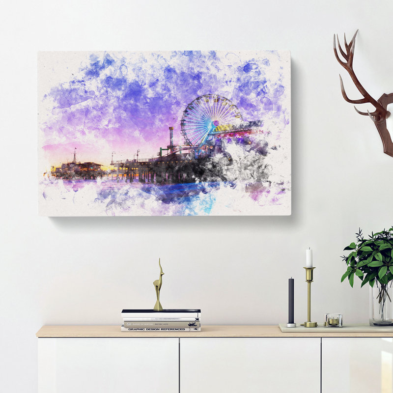 Santa Monica Pier Fairground Watercolour - Wrapped Canvas, 40cm H x 60cm W x 3cm D