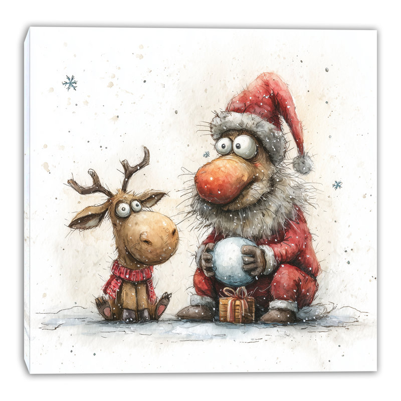 Drôle de père Noël et de renne sur toile, H 12 po x l 12 po