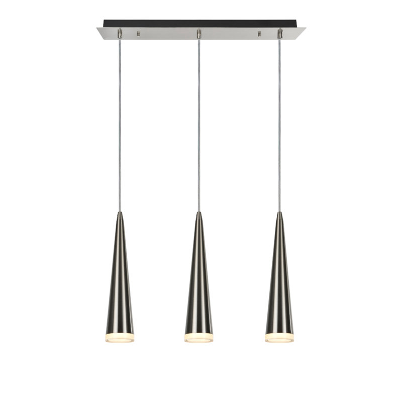 Luminaire suspendu linéaire à 3 lumières pour îlot de cuisine, Nickel brossé, H 62,5 po x l 23 po x p 5 po