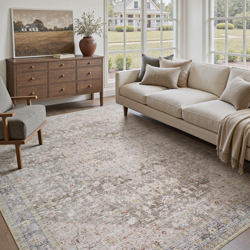 Soft Distressed Medallion Taupe Area Rug, Machine Washable For Living Room, Bedroom, Rectangle 9' x 12'