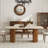 71'' Modern Rectangle Dining Table, Beige Sintered Stone and Wood Tabletop, High Quality Wood Double Fluted Pedestal-822540410