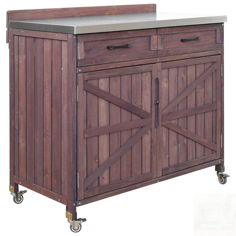 Outdoor Kitchen Island with Stainless Steel Top, Large Drawer, Adjustable Shelves, and 4 Wheels for Pizza Prep