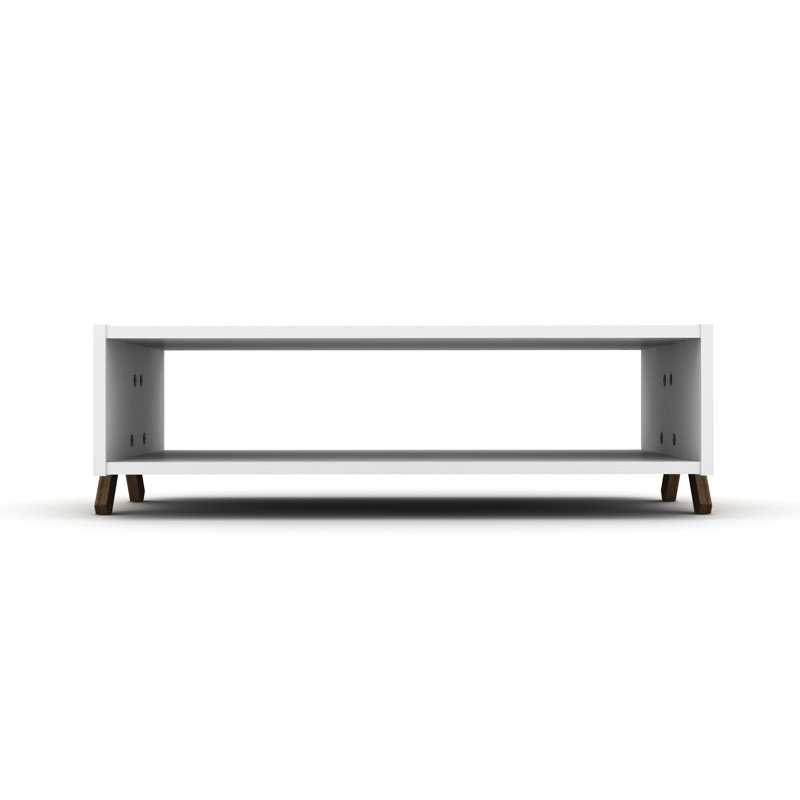 Table basse rectangulaire en bois massif, conception à pieds croisés, finition noyer avec tablette intérieure pour les meubles de salon: pieds de table, bois et option de rangement intérieur