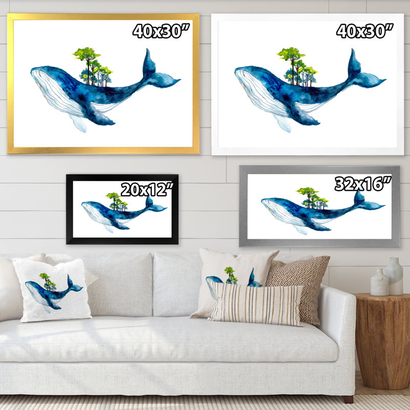 Baleine bleue sur fond blanc III - Peinture sur toile, H 24 po x l 32 po, Cadre photo argenté