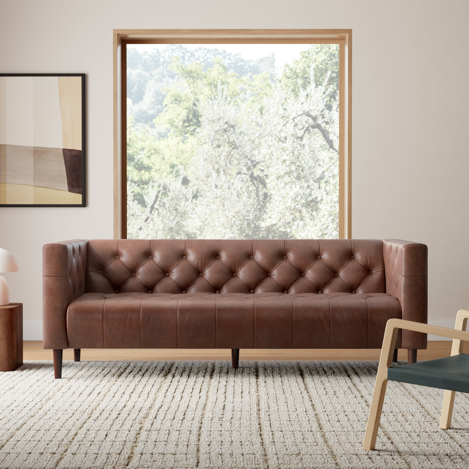  84'' Genuine Leather Chesterfield Sofa, Vintage Tobacco Top Grain Leather