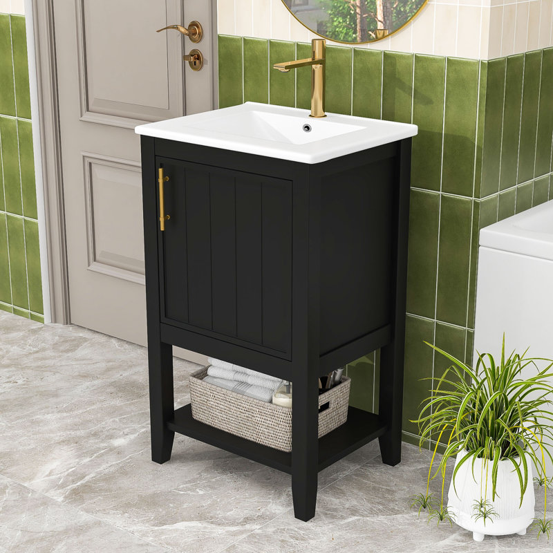 Meuble-lavabo en bois avec lavabo, support de rangement et tablette ouverte, Noir