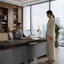 Bureau de direction ergonomique de luxe en forme de L avec rangements intégrés et prises électriques intégrées. Bureau de direction en noyer-1323167286-1323167304