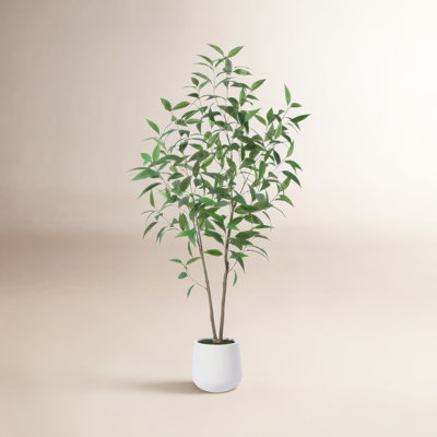 AdcockFaux Eucalyptus Tree with Round White Planter, Pre Potted fake Eucalyptus Plant for Home Decor