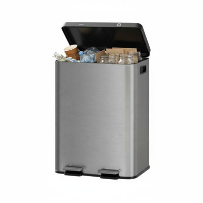 2x8 gal Dual Trash Can with Removable Inner Buckets, Rectangle Step Garbage Can with Soft-Close Lids, Stain-Resistant Recycling Bin Waste Container fo