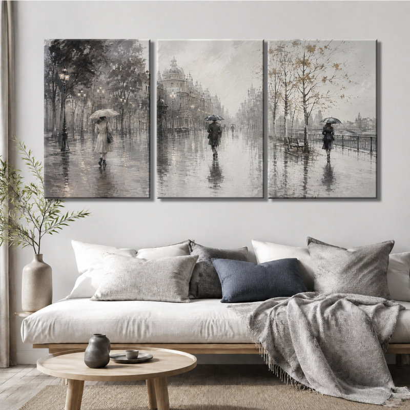 Tableau en trois panneaux « Rue pluvieuse parisienne vintage », impression sur toile tendue, 12 * 18 pouces * 3