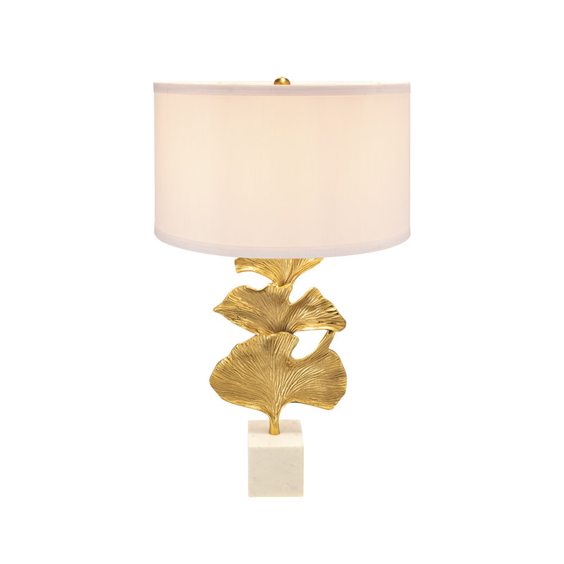 Lampe de table moderne en or avec base en marbre - abat-jour tambour blanc en forme de feuille de ginkgo de 17 x 30,2 pouces pour le chevet, le salon et le bureau