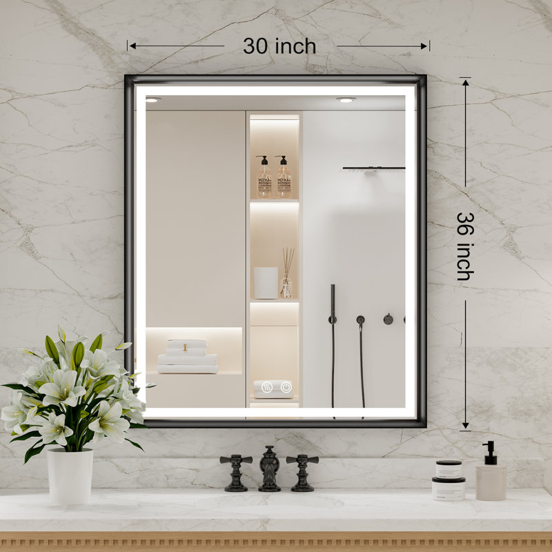 Miroir de salle de bain à DEL avec cadre noir mat, fonction antibuée et luminosité réglable, 36 po x 30 po