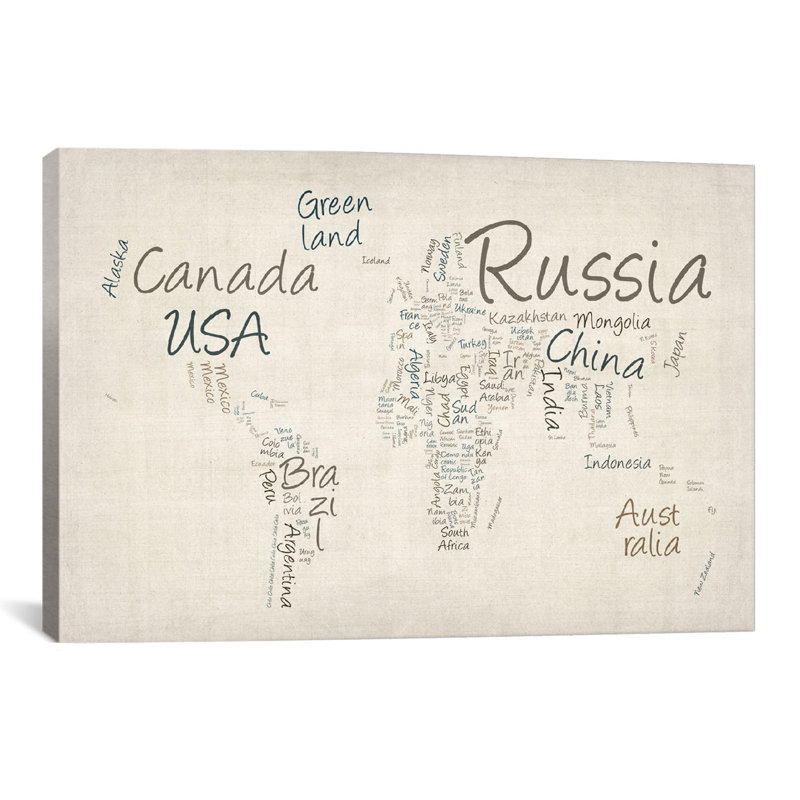 « World Map » par Michael Tompsett, art textuel sur toile, H 24 po x l 32 po x P 1 po, Papier d'art encadré noir, Blanc