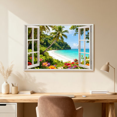 Paysage, nature, plage tropicale, palmiers, fleurs, océan, ciel, fenêtre, vue