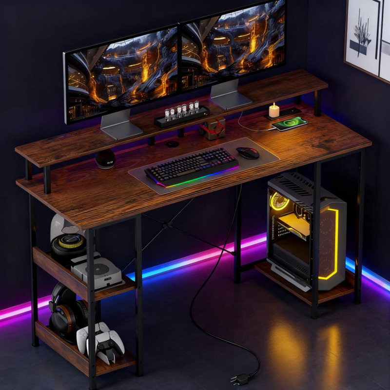 Bureau d'ordinateur réversible avec prises de courant et lumières DEL, Rustic Brown/Black