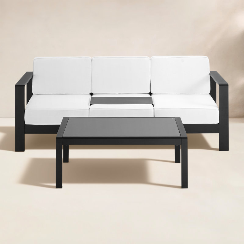 Ensemble de patio et canapé d'extérieur en aluminium 3 places Magers, Cadre noir / coussin blanc