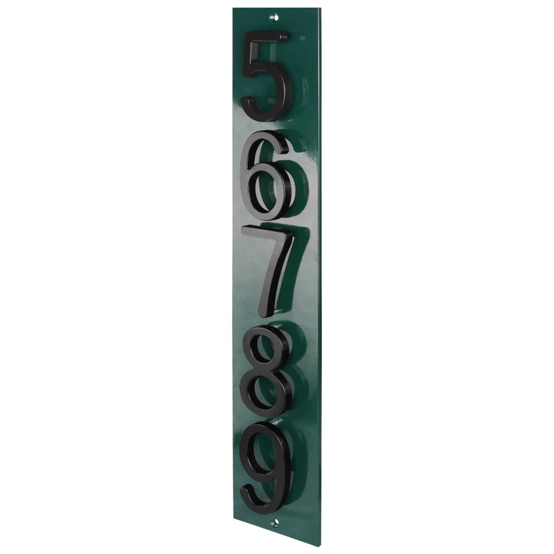 Plaque d'adresse verticale flottante en aluminium Royal Shade - 5 chiffres personnalisés, Vert, Noir, Oui