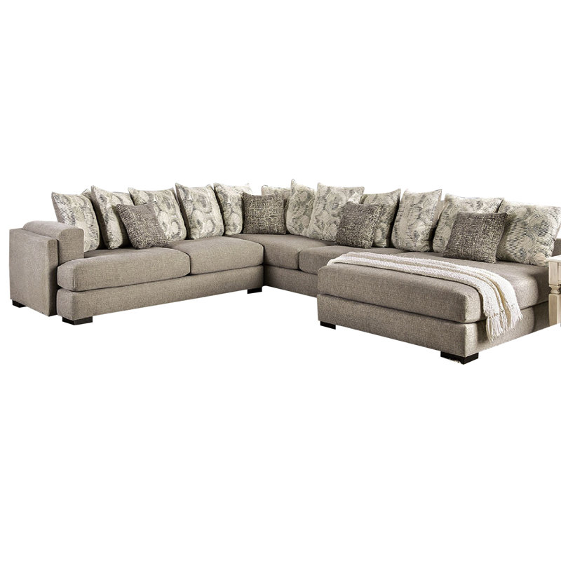 Sectional Sofa, 4 Accent Pillows, 145 Inch Gray Chenille, Solid Wood