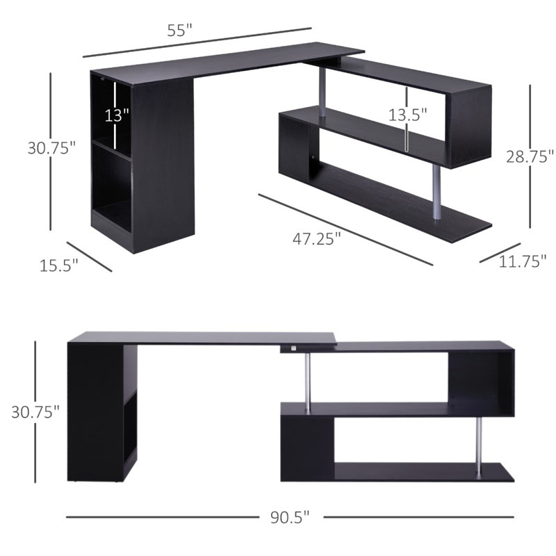 Bureau en forme de L peu encombrant, bois d'ingénierie noir, bureau à domicile moderne