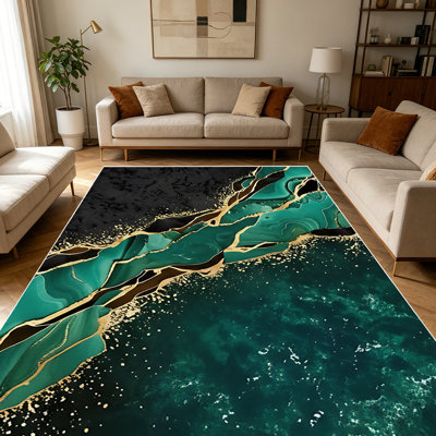 1PC Emerald Green Gold Foil Agate Abstract area rugs for Living Room, Soft and Comfortable, Suitable for all seasons, easy-to-maintain, machine washable Indoor floor mat, Under Table Farmhouse suitable for bedroom, dining room, entryway, home office,
