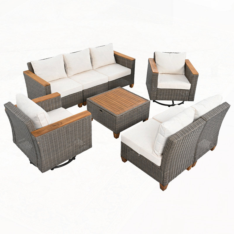 Ensemble 8 pièces de mobilier d'extérieur en osier avec coussin épais, Coussin beige / structure brune