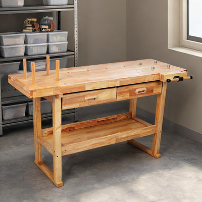 Solid Wood Workbench with 2 Drawers and Open Shelf, Natural Wood Tone, 60-Inch Rectangle, for Garage or Workshop