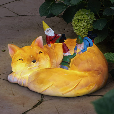 Statuette de jardin solaire en bois avec renard avec gnomes Exhart, 6 par 10 pouces