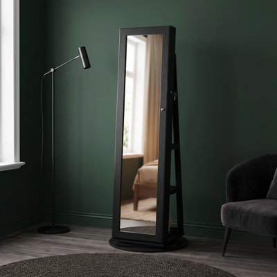 Armoire à bijoux pivotante à 360 °, organisateur de bijoux verrouillable avec miroir pleine grandeur, tablettes de rangement arrière, miroir intérieur, armoire à bijoux, idée cadeau, noir