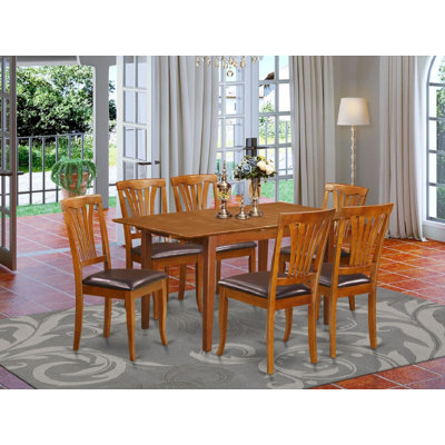 Ensemble de table de salle à manger 7 pièces composé d'une table de salle à manger rectangulaire avec rallonge papillon et 6 chaises de salle à manger en similicuir brun