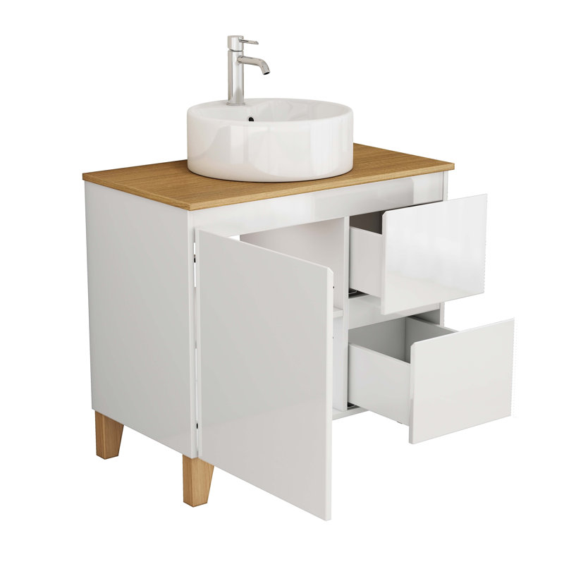 Meuble-lavabo moderne avec lavabo rond, portes et tiroirs à fermeture en douceur pour un rangement spacieux et une conception élégante