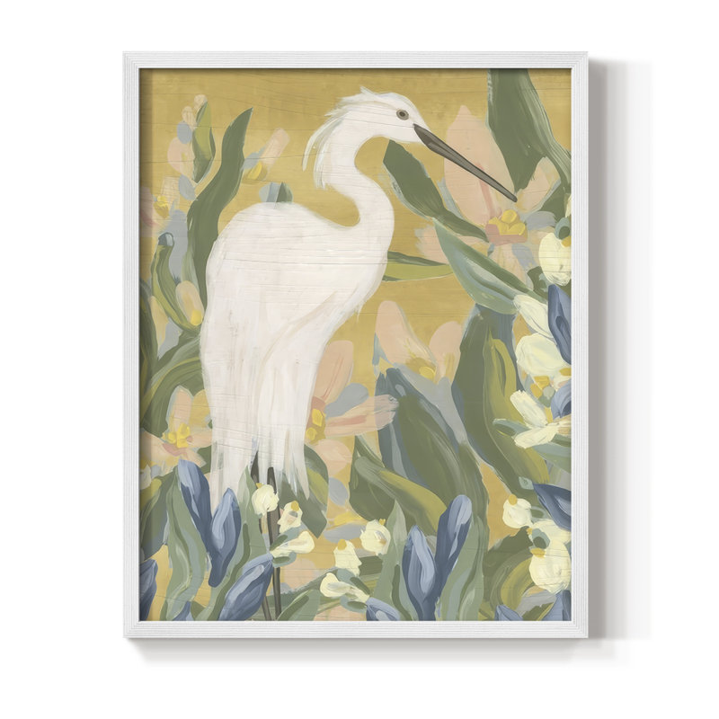 Floral Egret II, reproduction encadrée - bois massif, H 15 po x l 12 po, Blanc
