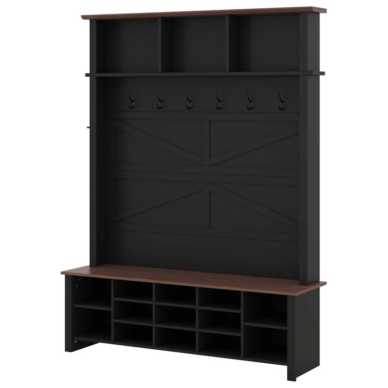 4-In-1 Hall Tree With 6 Hooks, Walnut Entryway Bench With Adjustable Shelves, Shoe Organizer With 16 Open Compartments, Black