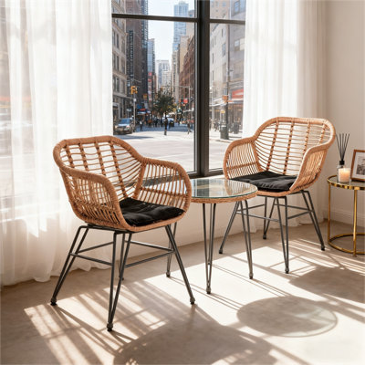 Light Luxury Rattan Metal Frame Outdoor Table And Chair 3-Piece Set, Terrace Garden Leisure Furniture
