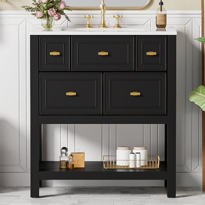Ensemble de meuble-lavabo simple 30 po avec 5 tiroirs, ensemble de meuble-lavabo autoportant avec cadre en bois massif 30 po