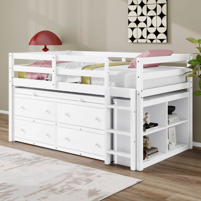 Lit mezzanine simple avec bureau d'écriture rétractable et 4 tiroirs, bureau portatif latéral et tablettes pour enfants
