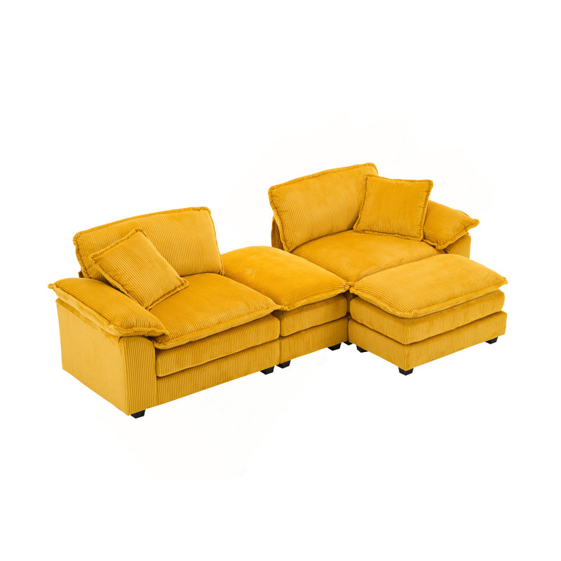 Canapé Corduroy 2-Sea avec 2 coussins de dossier, 2 coussins décoratifs et deux repose-pieds, Canapé confortable pour le salon, jaune