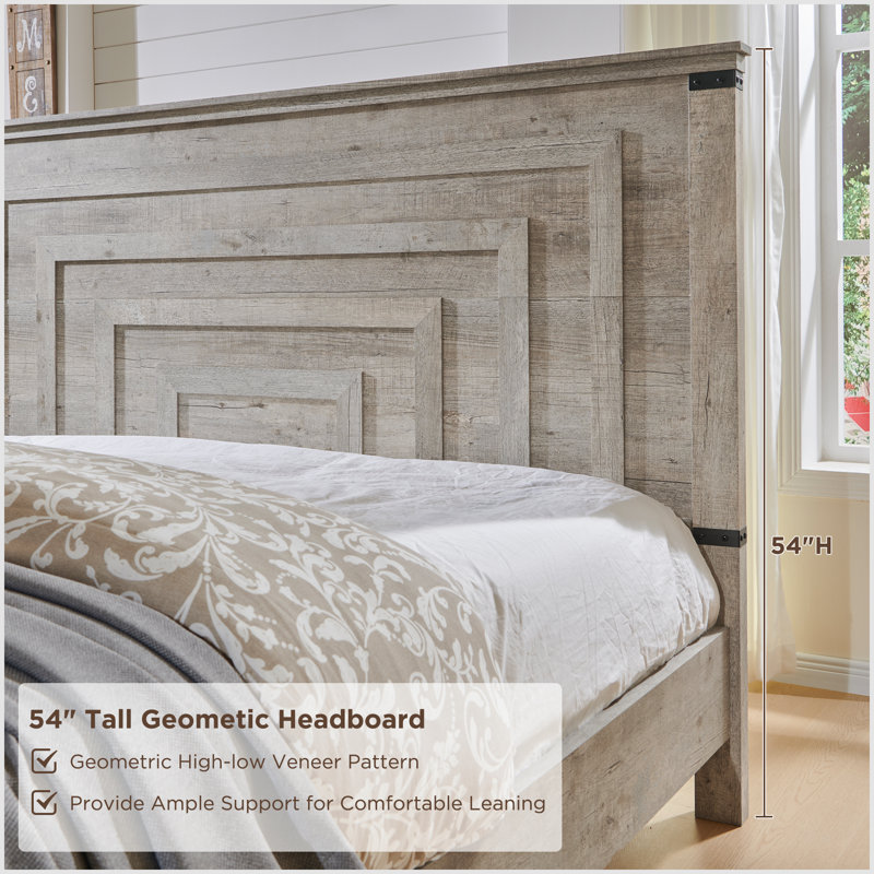  Danilla Farmhouse Platform Bed Frame With 54"W Tall Geometric Headboard & Large Storage Space, King