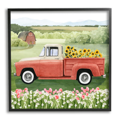 «Country Farm Truck Sunflower Bunches Blooming Meadow» par Grace Popp - peinture à cadre flottant sur toile