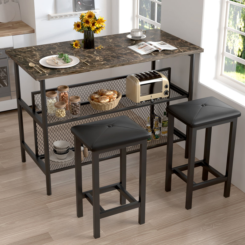 White Faux Marble 3-Piece Pub Dining Set with Storage Shelves