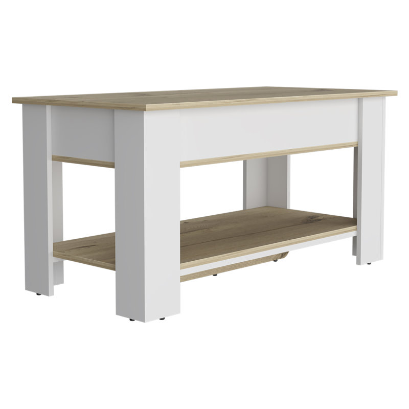 Austin 40" Wide Storage Table with 1 Extendable Shelf, 4 Legs and Lower Shelf, White, Light Oak/White