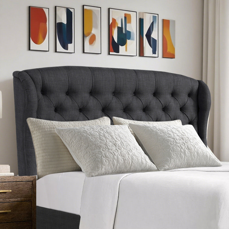 Tête de lit tapissier à oreilles de luxe en lin - Moderne - Hauteur réglable - Capitonnage à boutons, Noir, Double