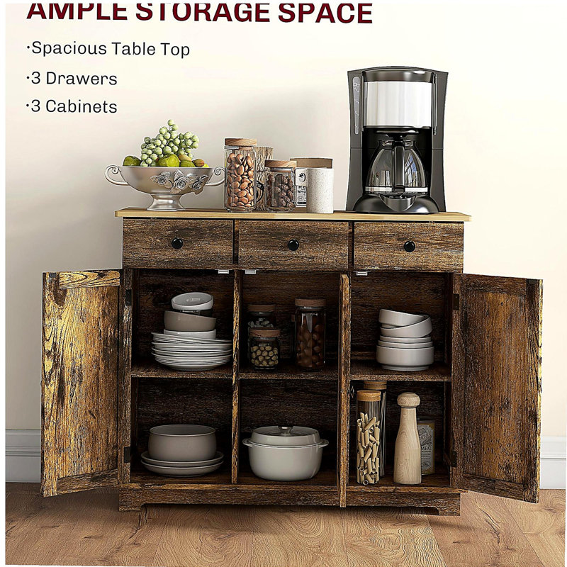 Buffet avec comptoir en bois massif, armoire de rangement de cuisine moderne, armoire à café avec 3 tiroirs, portes et tablette réglable