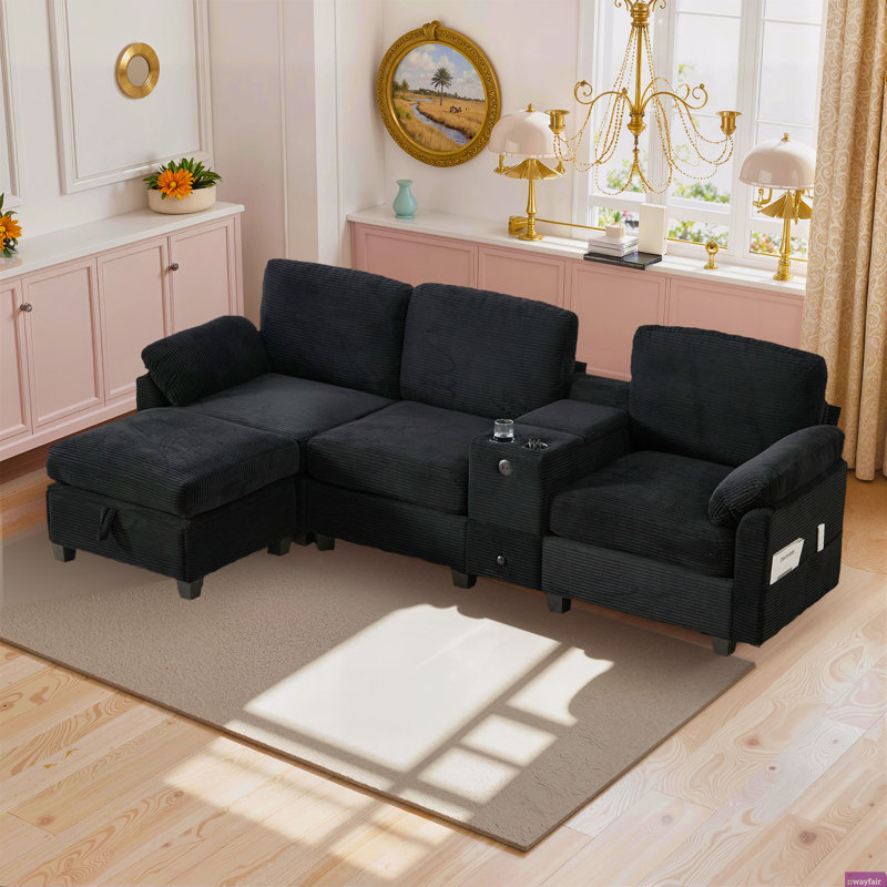 Naomi 104.72"W Modular Corduroy Sectional, LAF, RAF, Console Box, USB Charge, Cup Holders, Storage Ottoman, Black