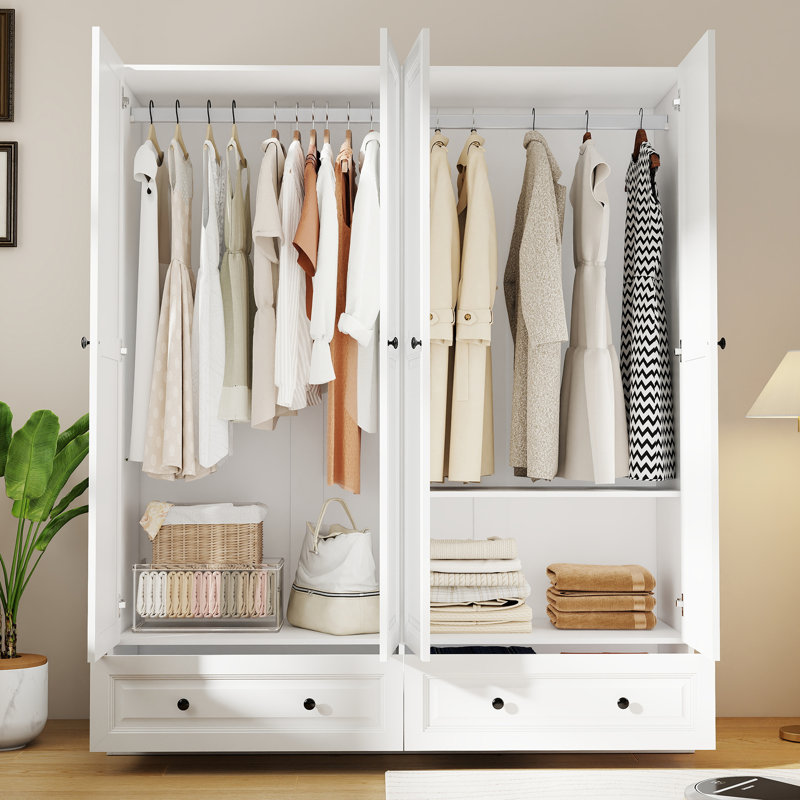 Armoire polyvalente à 4 portes avec 2 tiroirs, placard spacieux pour la chambre ou la chambre d'amis, blanc, White