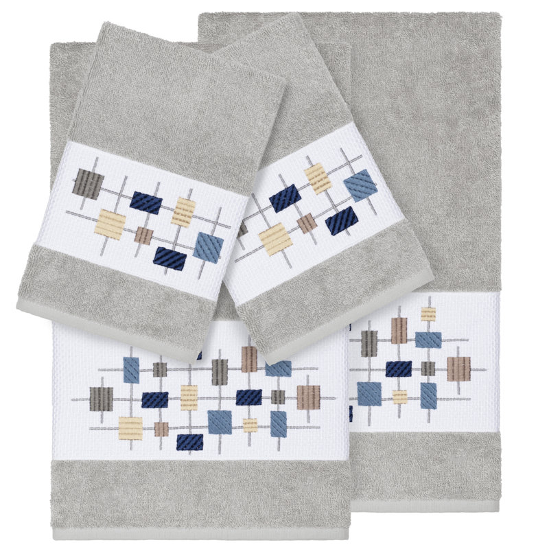 Khloe 100% Turkish Cotton Embellished Towel Set, Light Gray, 4 Piece Towel Set