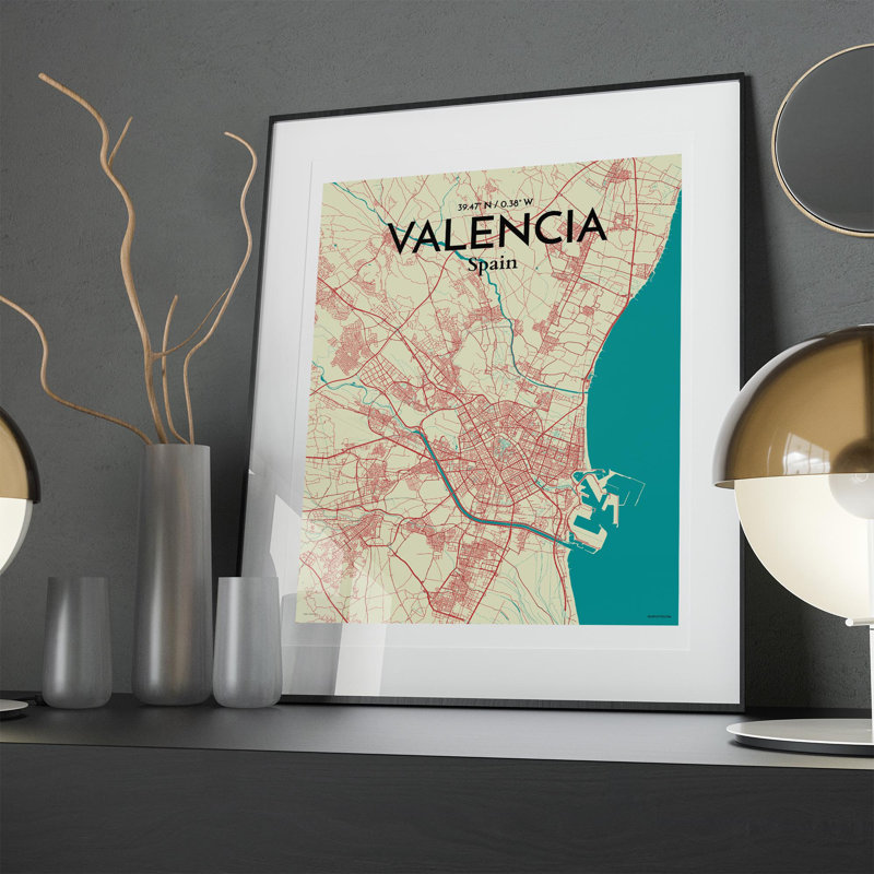 Valencia, carte de la ville, impression, H 20 po x l 16 po, Vert / beige