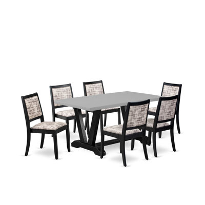 7-pc dining table set consists of a wooden table with tabletop and 6 stackable chairs with White and Gray Pattern Polyester Fabric - Wire-brushed Black