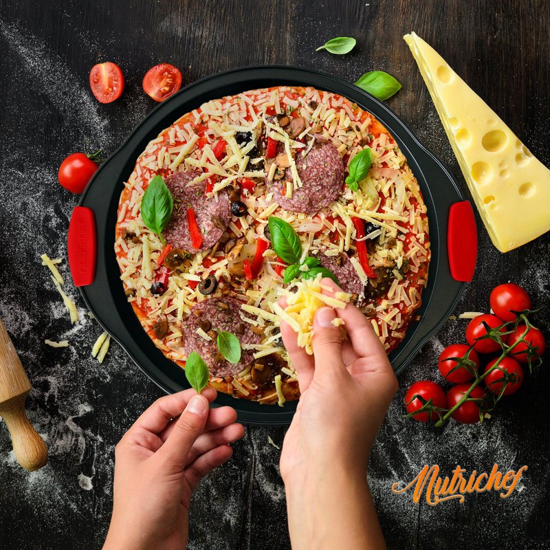 Round Black Non-Stick Pizza Tray with Red Silicone Handles